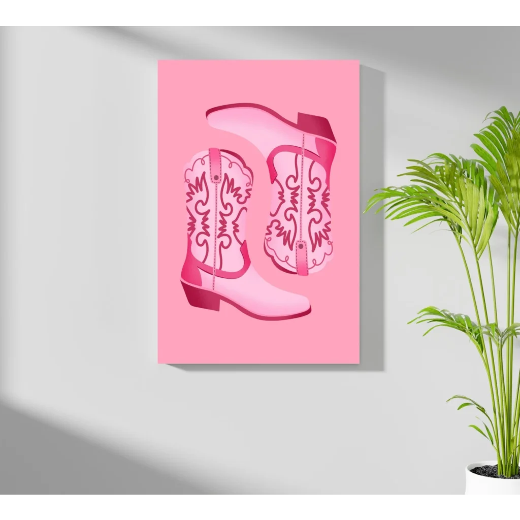 Pink cowboy boots on insigne aluminum prints with vivid colors