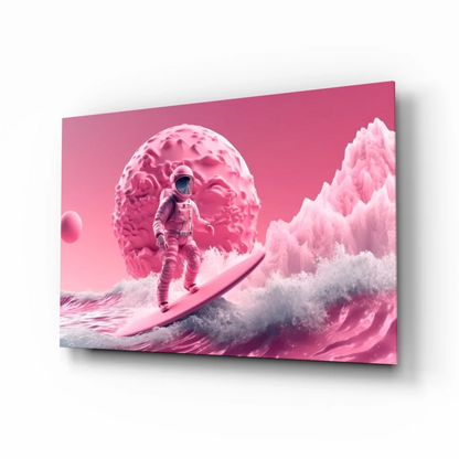Pink astronaut surfing wave canvas wall art print