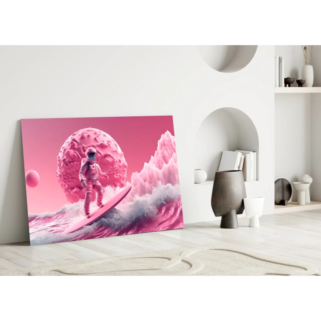 Pink astronaut surfing surreal space wall art canvas print