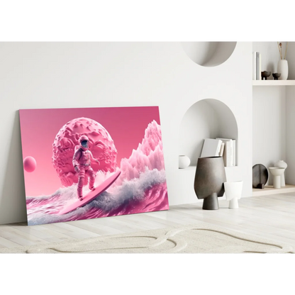 Pink astronaut surfing surreal space wall art canvas print