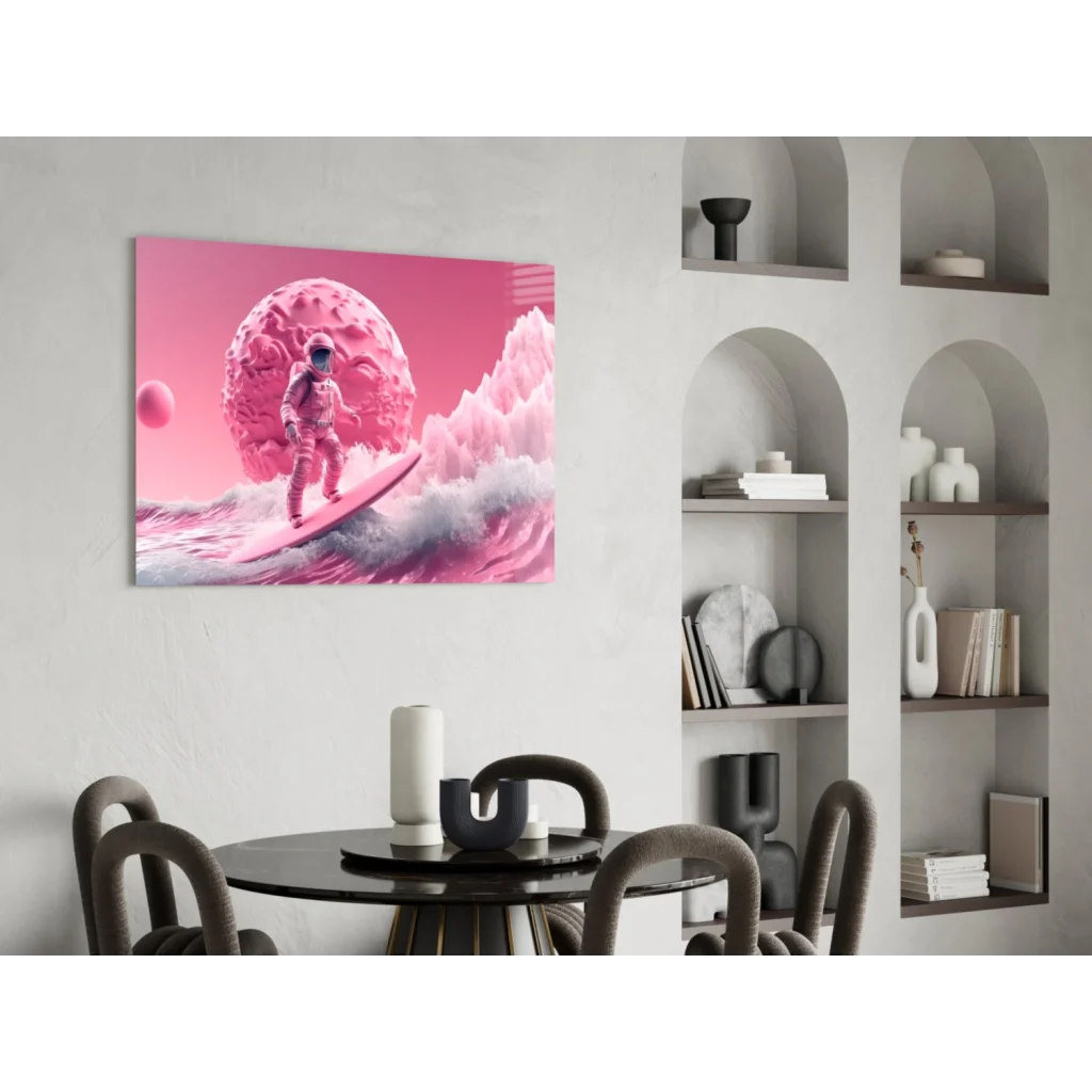 Vibrant pink astronaut surfing cosmic waves wall art canvas print
