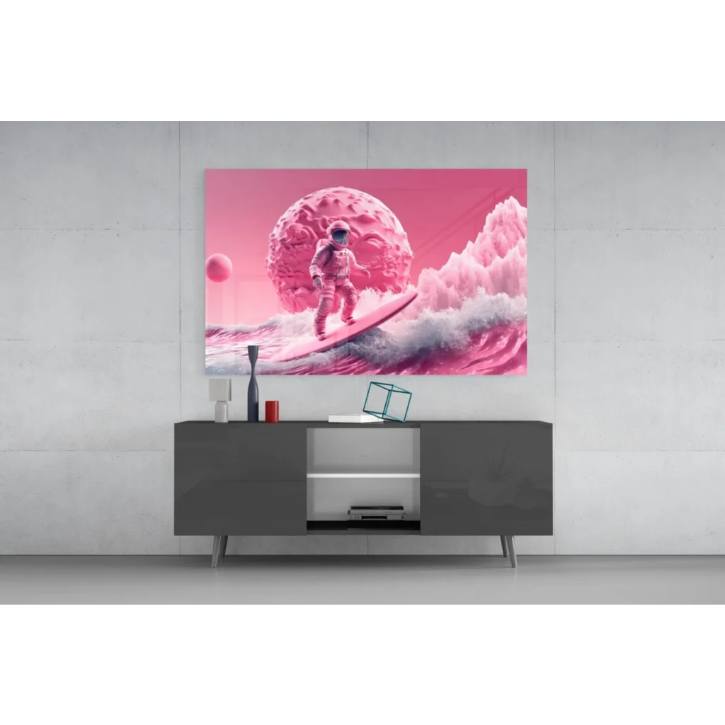 Vibrant pink astronaut surfing space wall art canvas print