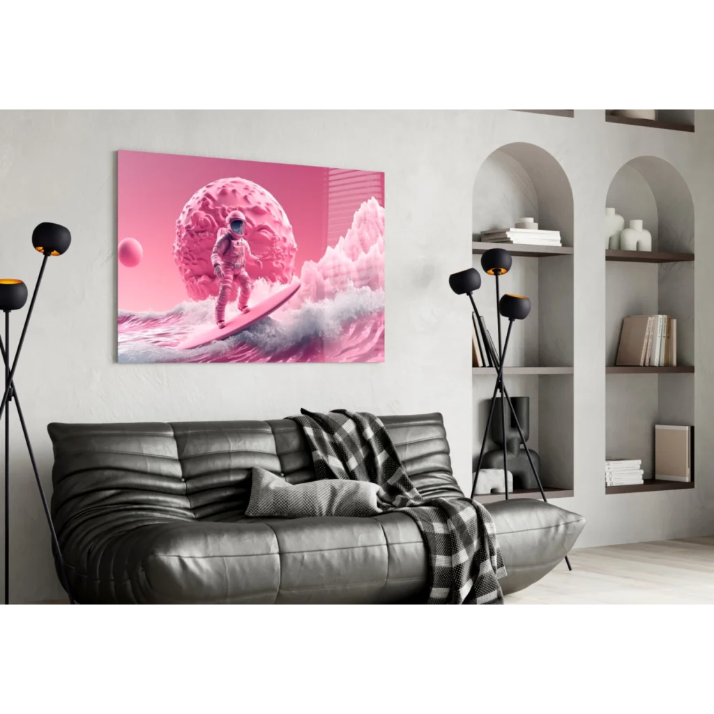 Pink astronaut surfing wave canvas wall art with textured planet background