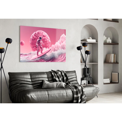 Pink astronaut surfing wave canvas wall art with textured planet background
