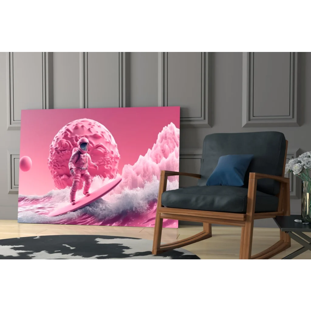 Vibrant pink astronaut surfing wave in surreal space wall art canvas print