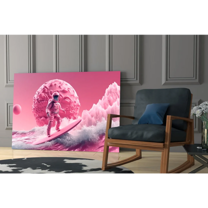 Vibrant pink astronaut surfing wave in surreal space wall art canvas print