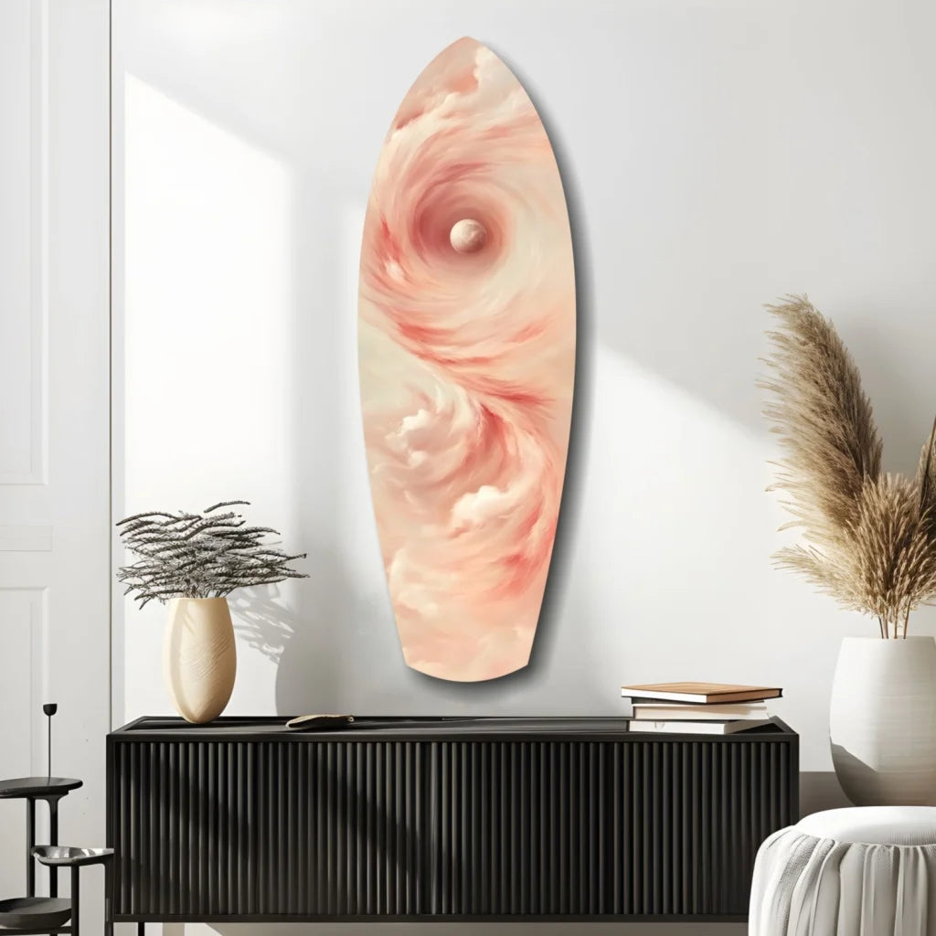 Swirling surfboard tempered glass art in pink and cream