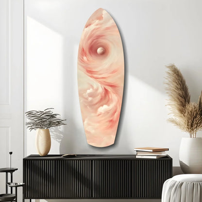 Swirling surfboard tempered glass art in pink and cream