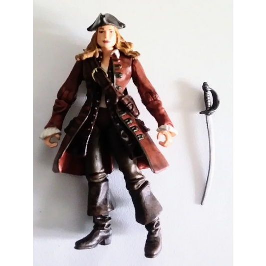 Elizabeth Swann Caribbean action figure in pirate disguise with Captain Jack Sparrow style coat and sword