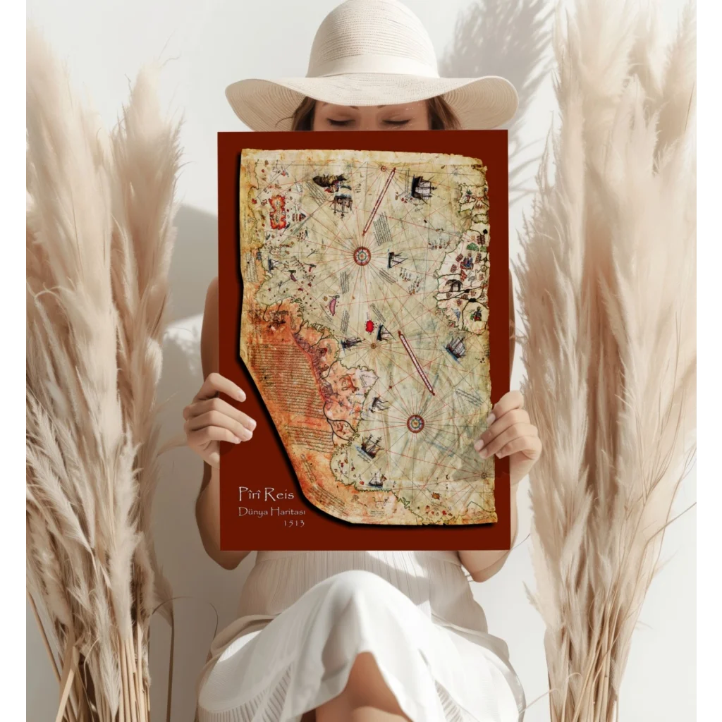 Insigne aluminum prints vintage piri reis map in burgundy frame