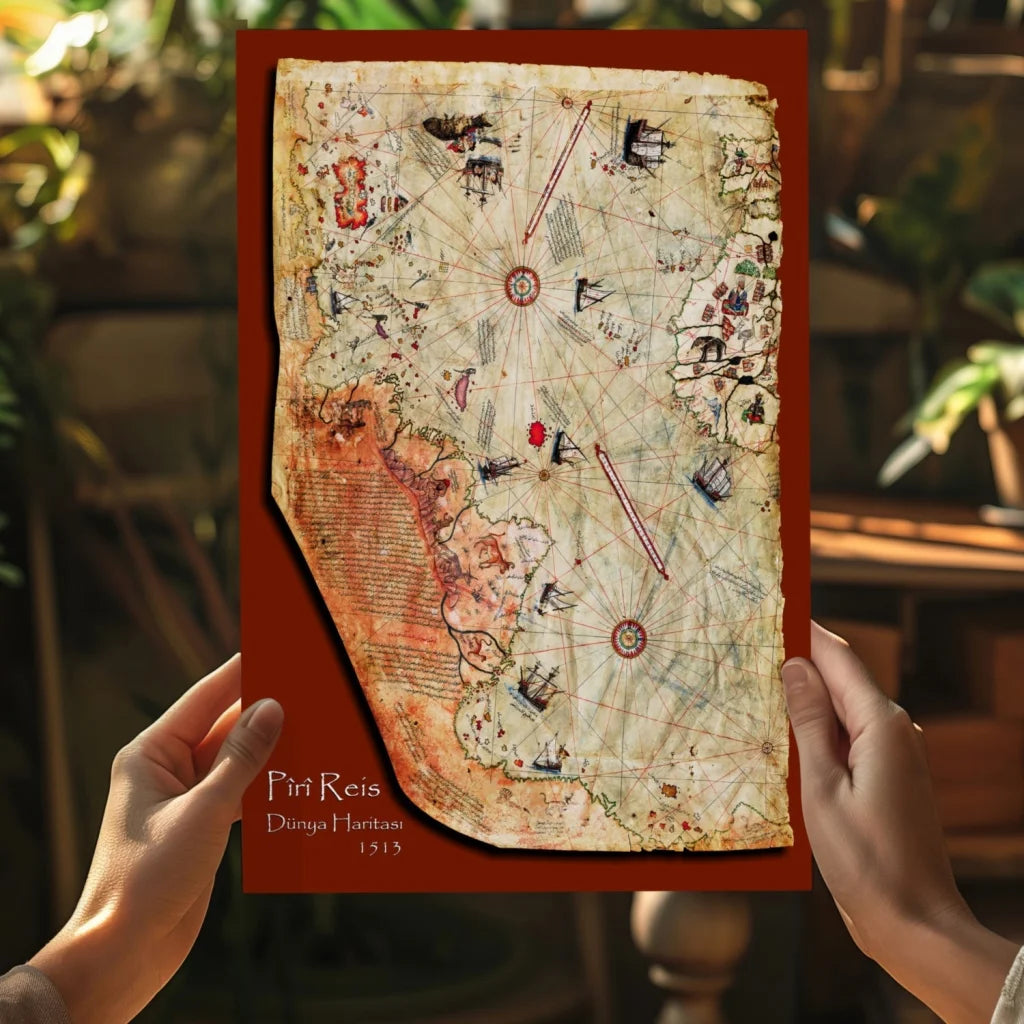 Vintage Piri Reis map on insigne aluminum prints with red frame