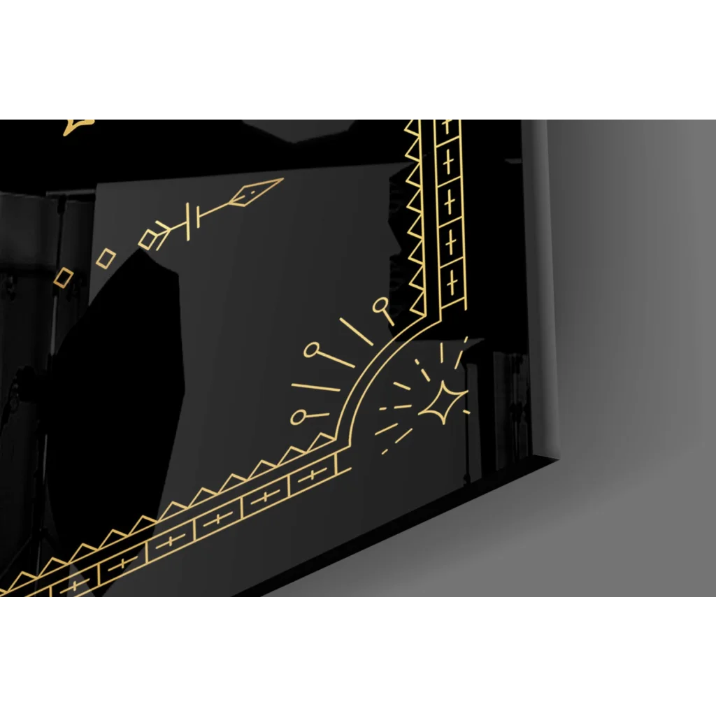 Pisces zodiac gold embossed glass wall art with black panel and intricate gold geometric line art