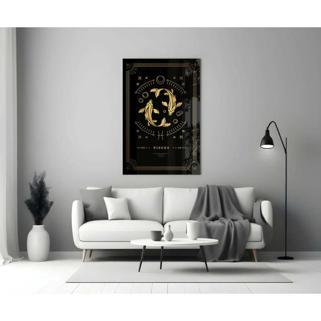 Black and gold Pisces zodiac glass wall art with celestial design