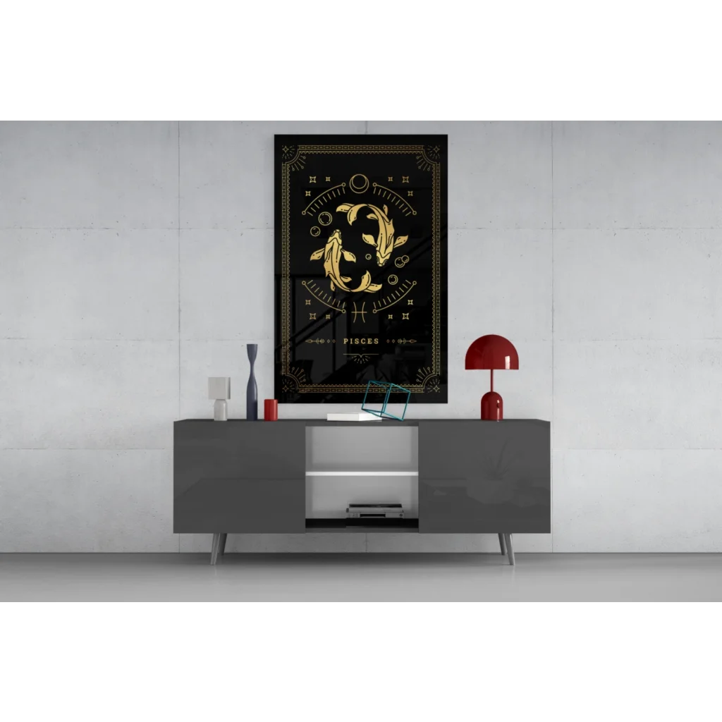 Pisces zodiac gold embossed glass wall art with black canvas and ornate motifs