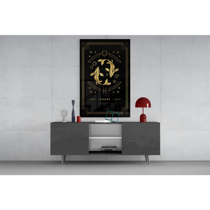 Pisces zodiac gold embossed glass wall art with black canvas and ornate motifs