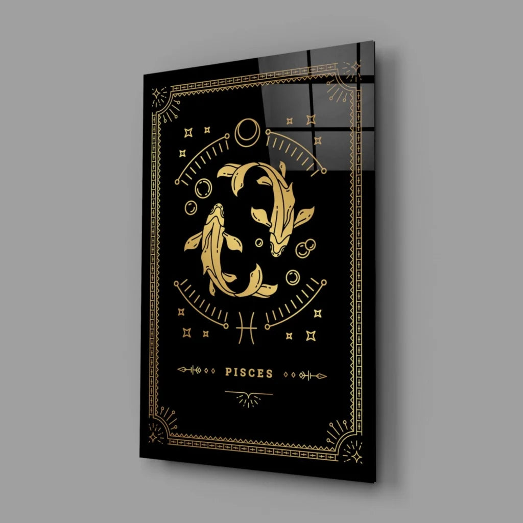 Pisces zodiac gold embossed glass wall art with black canvas design