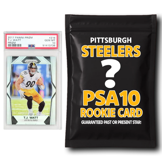 TJ Watt rookie card and mystery pack with PSA 10 Steelers rookie card, featuring George Pickens and Panini Prizm