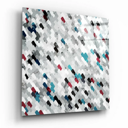 Bold diamond mosaic glass wall art in teal and red
