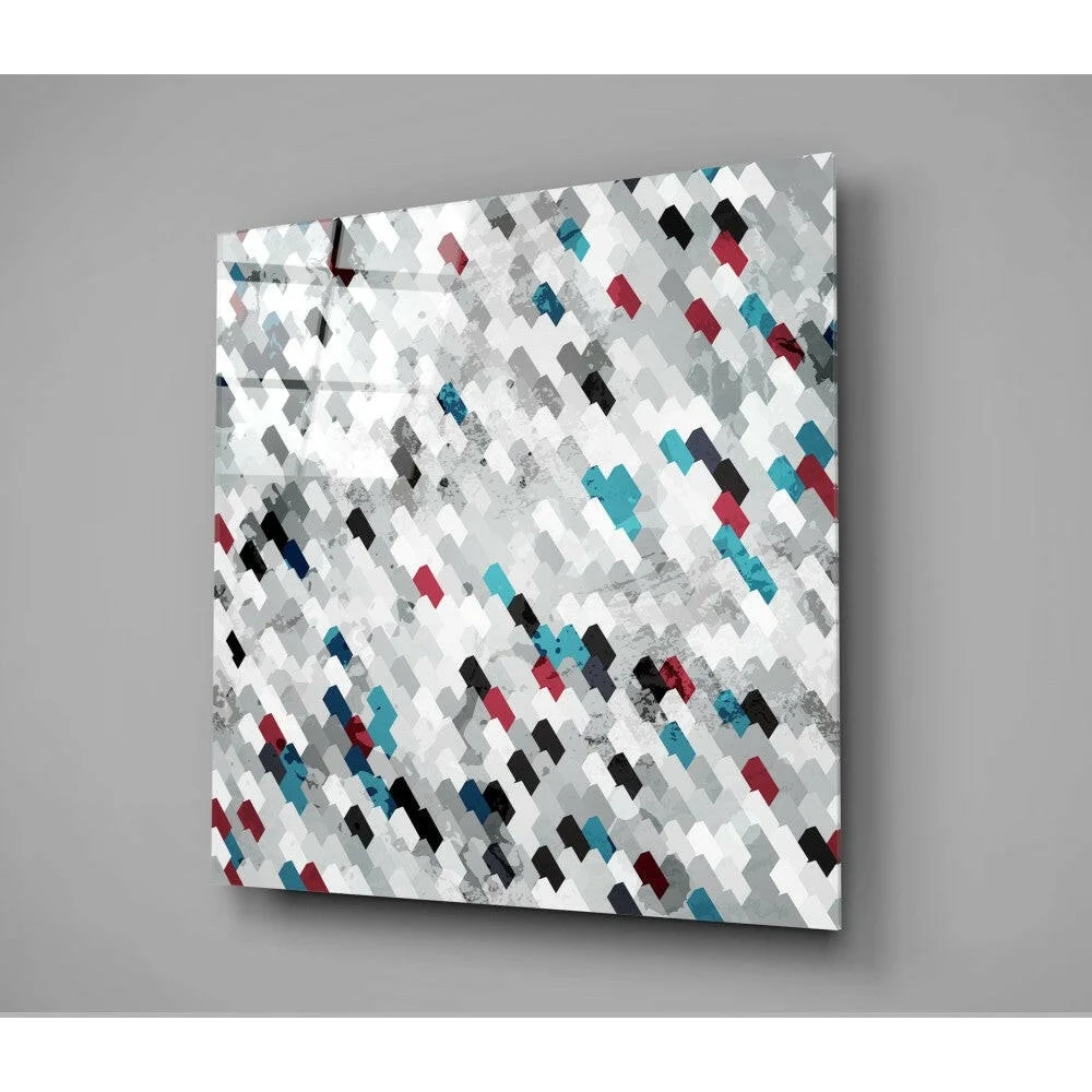 Bold diamond mosaic glass wall art with teal red overlapping tiles
