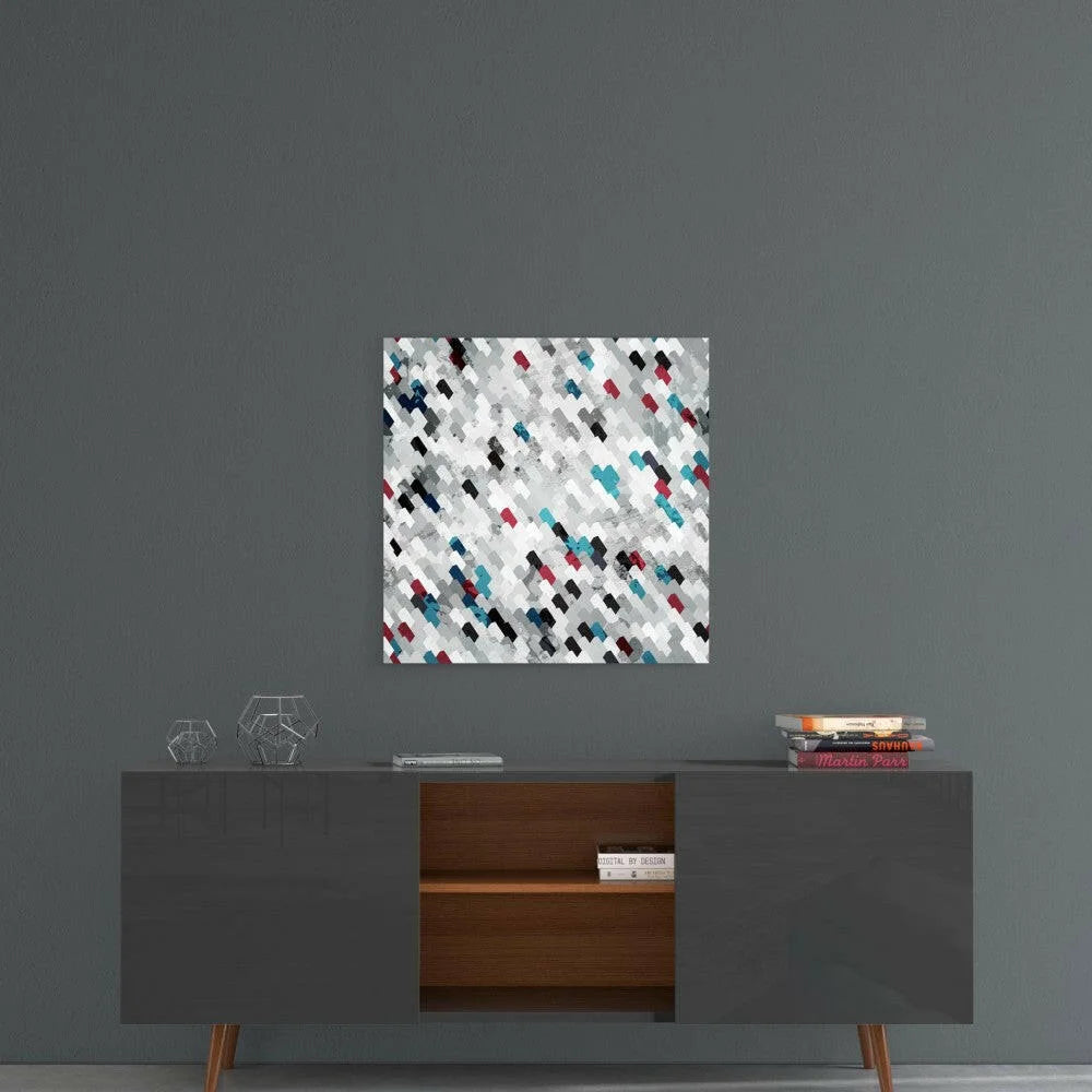 Bold diamond mosaic glass wall art in teal and red geometric pattern