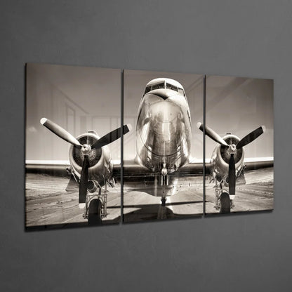 Black-and-white vintage propeller airplane insigne glass art triptych canvas print