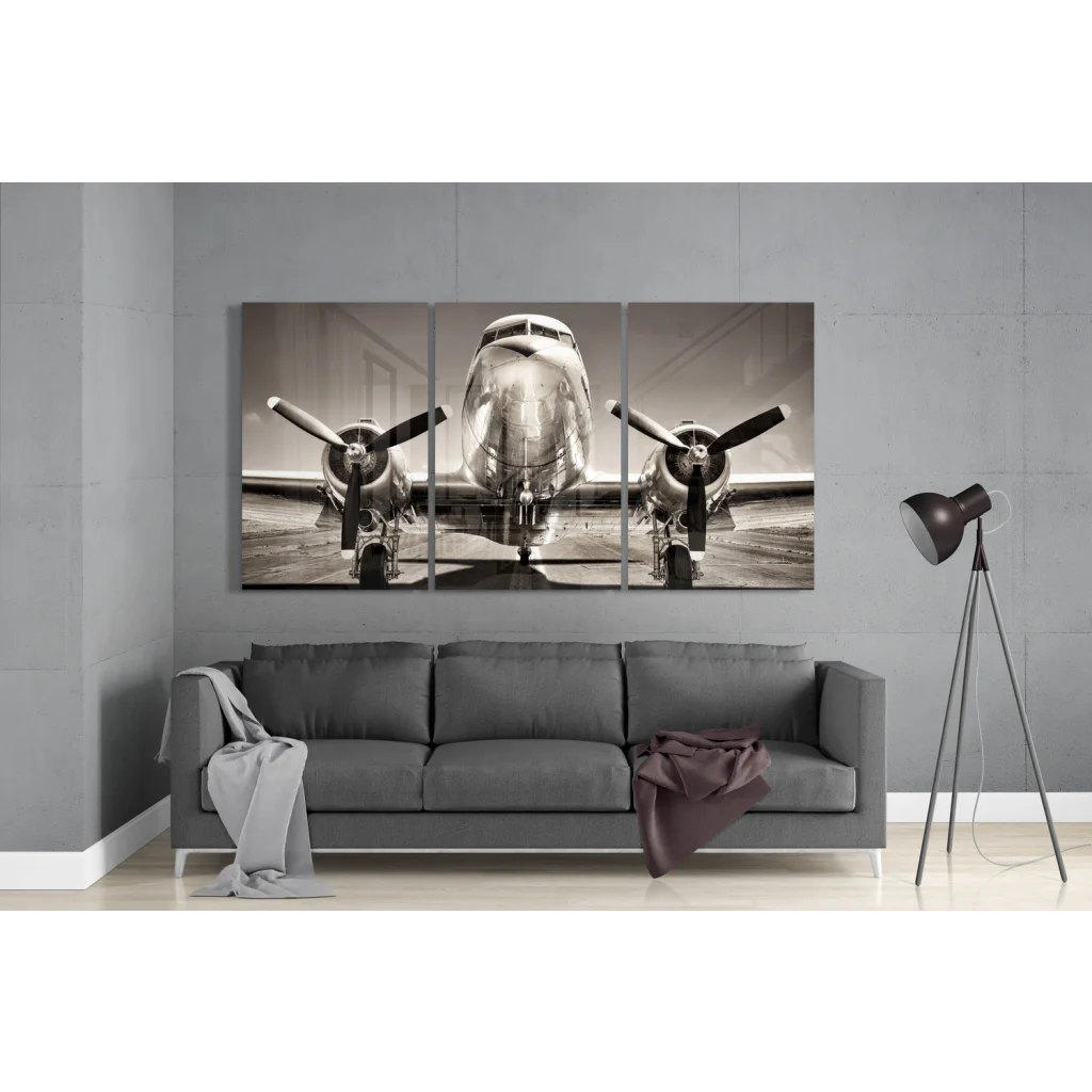 Black-and-white vintage airplane insigne glass art triptych canvas print above sofa