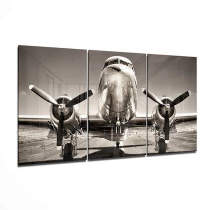 Vintage airplane insigne glass art triptych canvas print in black and white