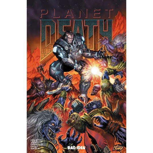 Planet death 1 ecc exclusive franck uzan doom homage variant features a dark armored warrior on a fiery star wars battlefield