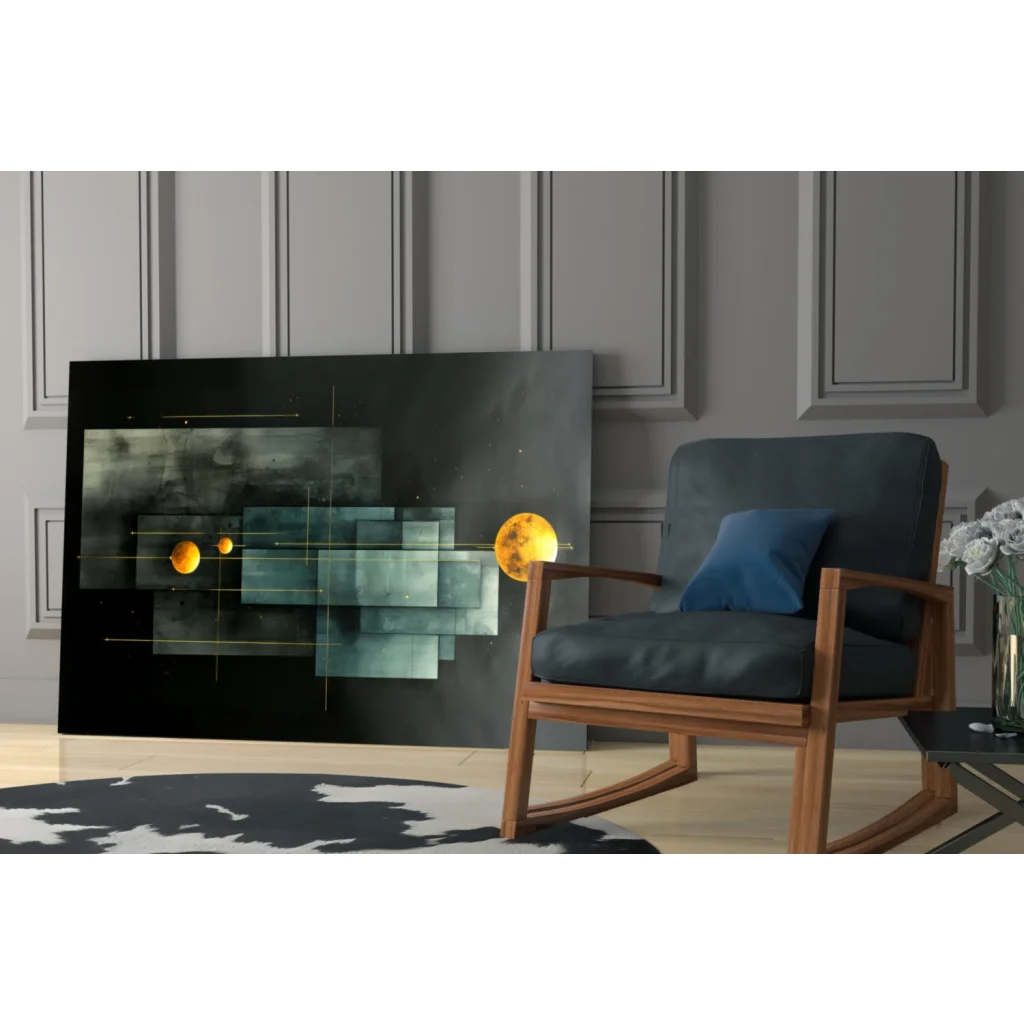 Stunning glass wall art print of dark blue rocking chair