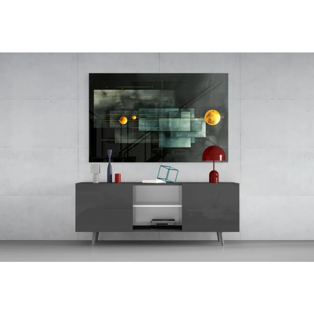 Modern glass wall art with geometric shapes and golden spheres