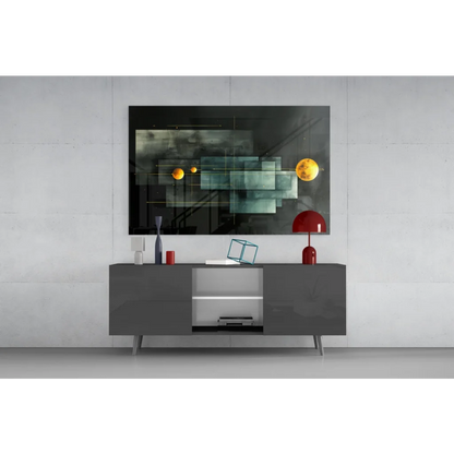 Modern glass wall art with geometric shapes and golden spheres