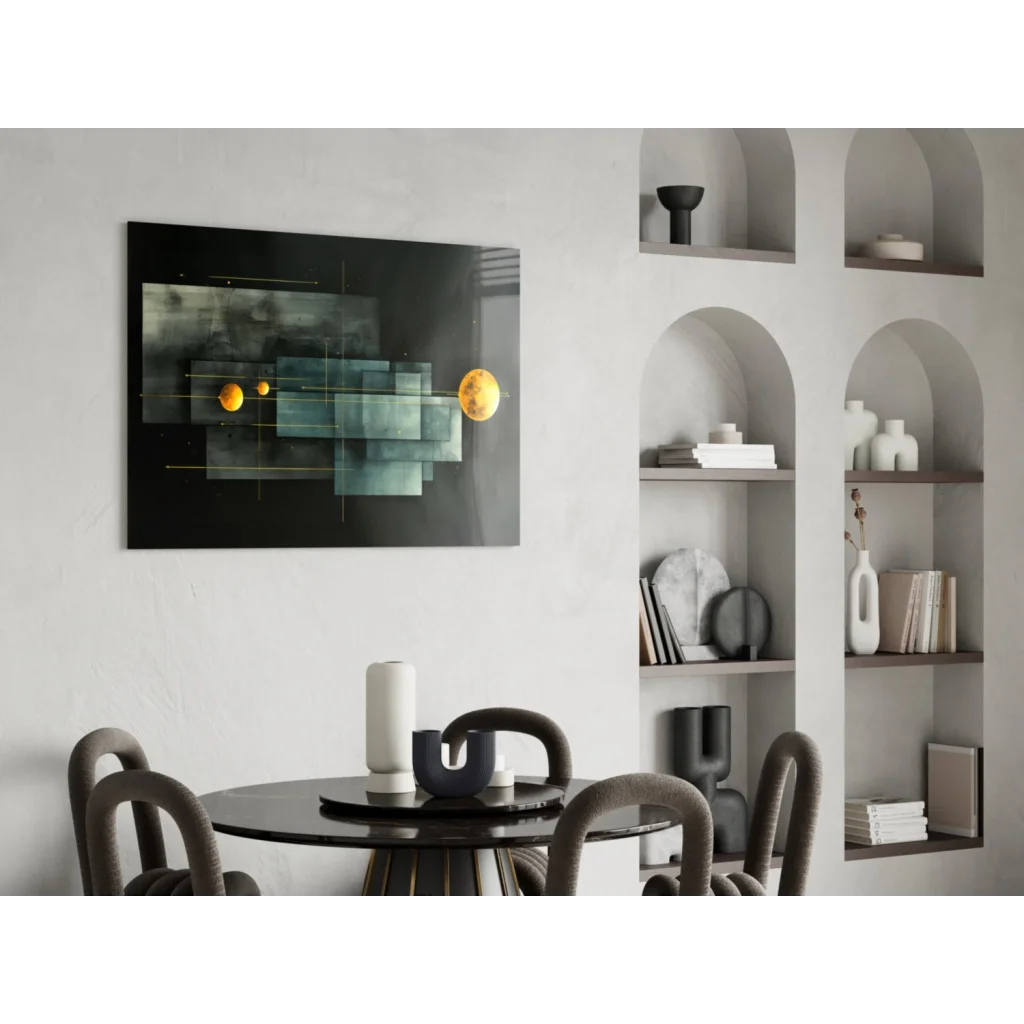 Abstract teal and black glass wall art with golden orbs