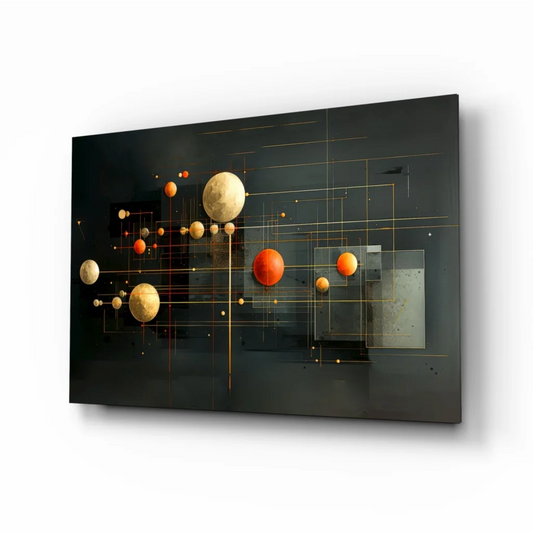 Golden Spheres Abstract Canvas Wall Art with Geometric Grid | Insigneart USA | vintageantiquesgifts.com