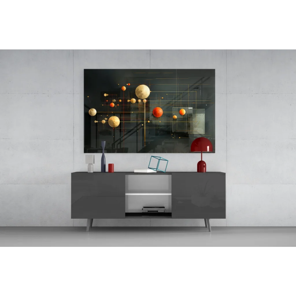 Sleek gray sideboard with minimalist legs and open shelving wall art