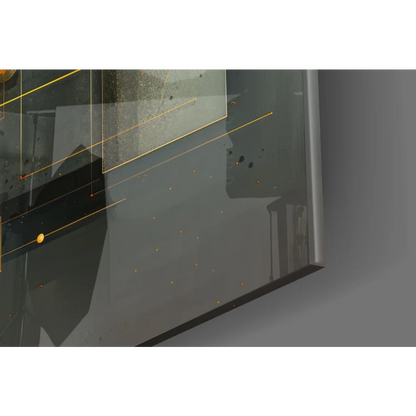 Sleek transparent glass wall art with golden geometric lines and orange specks