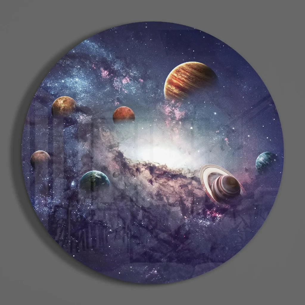 Cosmic galaxy tempered glass art with vibrant planets, stars, nebulae and size comparison