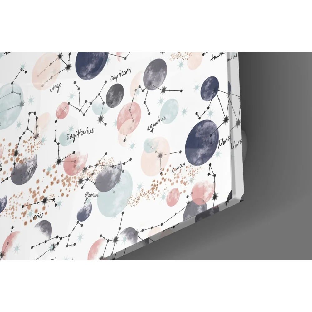 Celestial watercolor tempered glass art with pastel moons and zodiac constellations