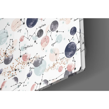 Celestial watercolor tempered glass art with pastel moons and zodiac constellations