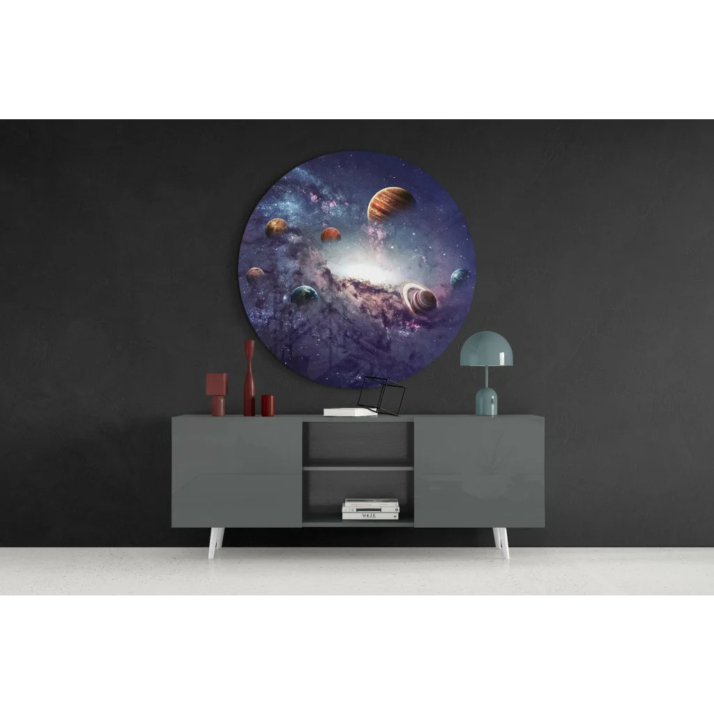 Vibrant cosmic galaxy tempered glass art with planets and size comparison