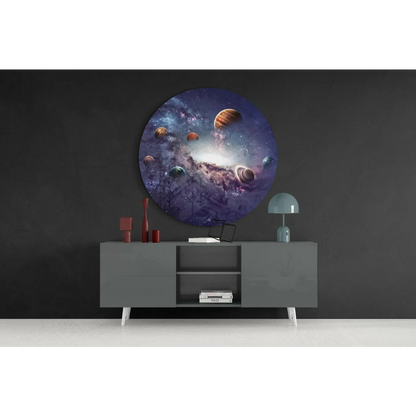 Vibrant cosmic galaxy tempered glass art with planets and size comparison
