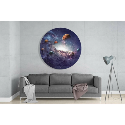 Cosmic galaxy tempered glass art with size comparison of planets