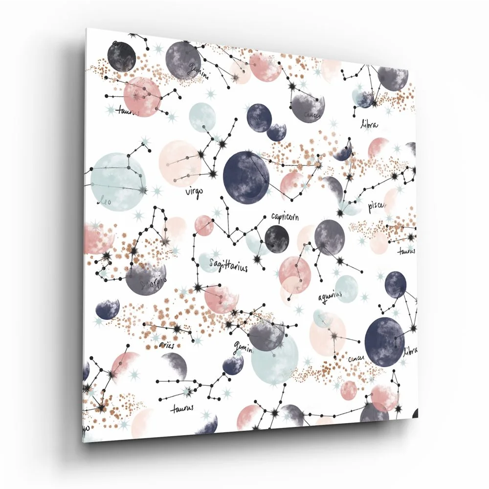 Celestial watercolor glass art with zodiac constellations in pastel pinks