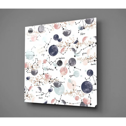 Celestial watercolor tempered glass art with zodiac constellations