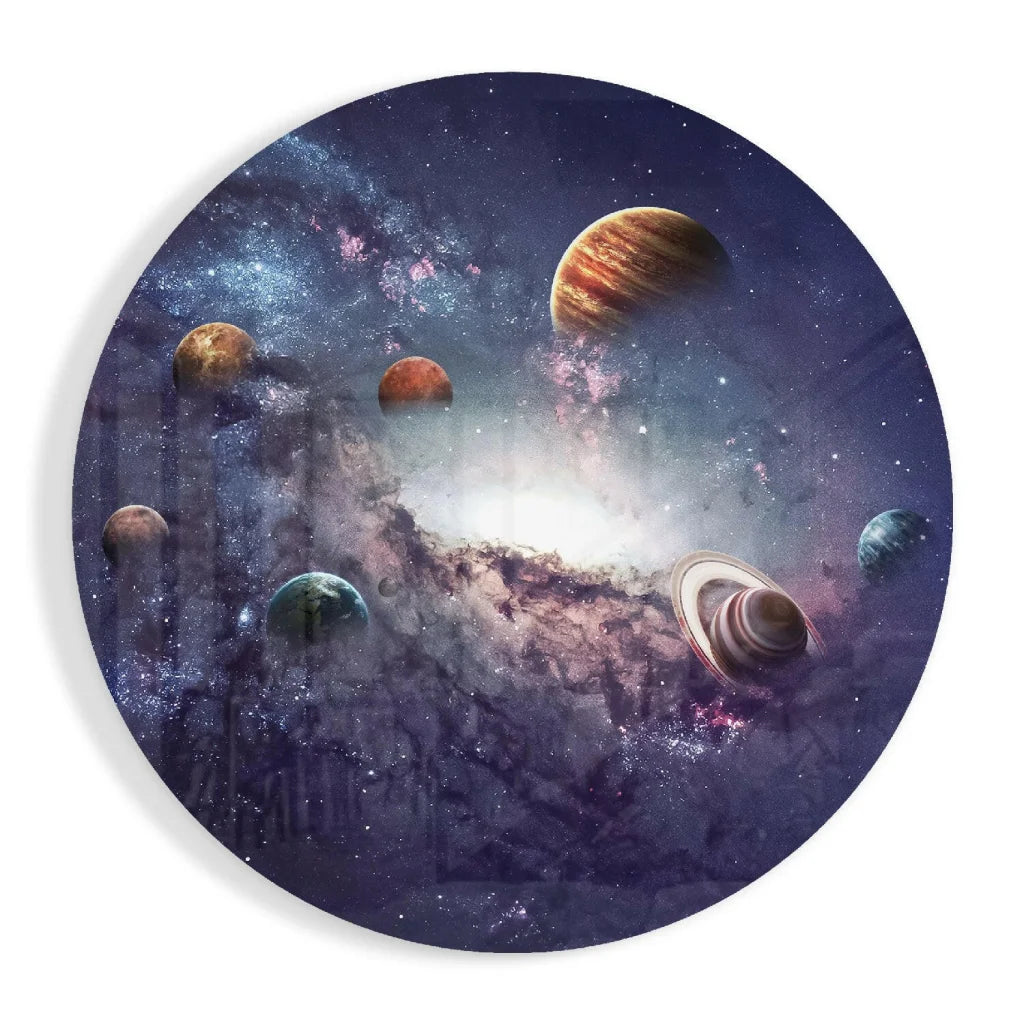 Cosmic galaxy tempered glass art plate with vibrant planets and stars