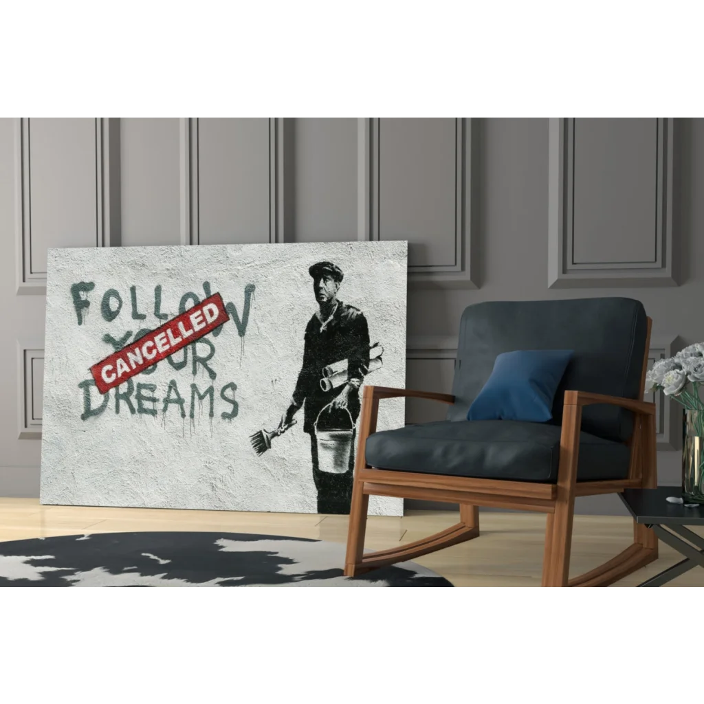 Banksy Dreams Cancelled stencil wall art print with crossed out text