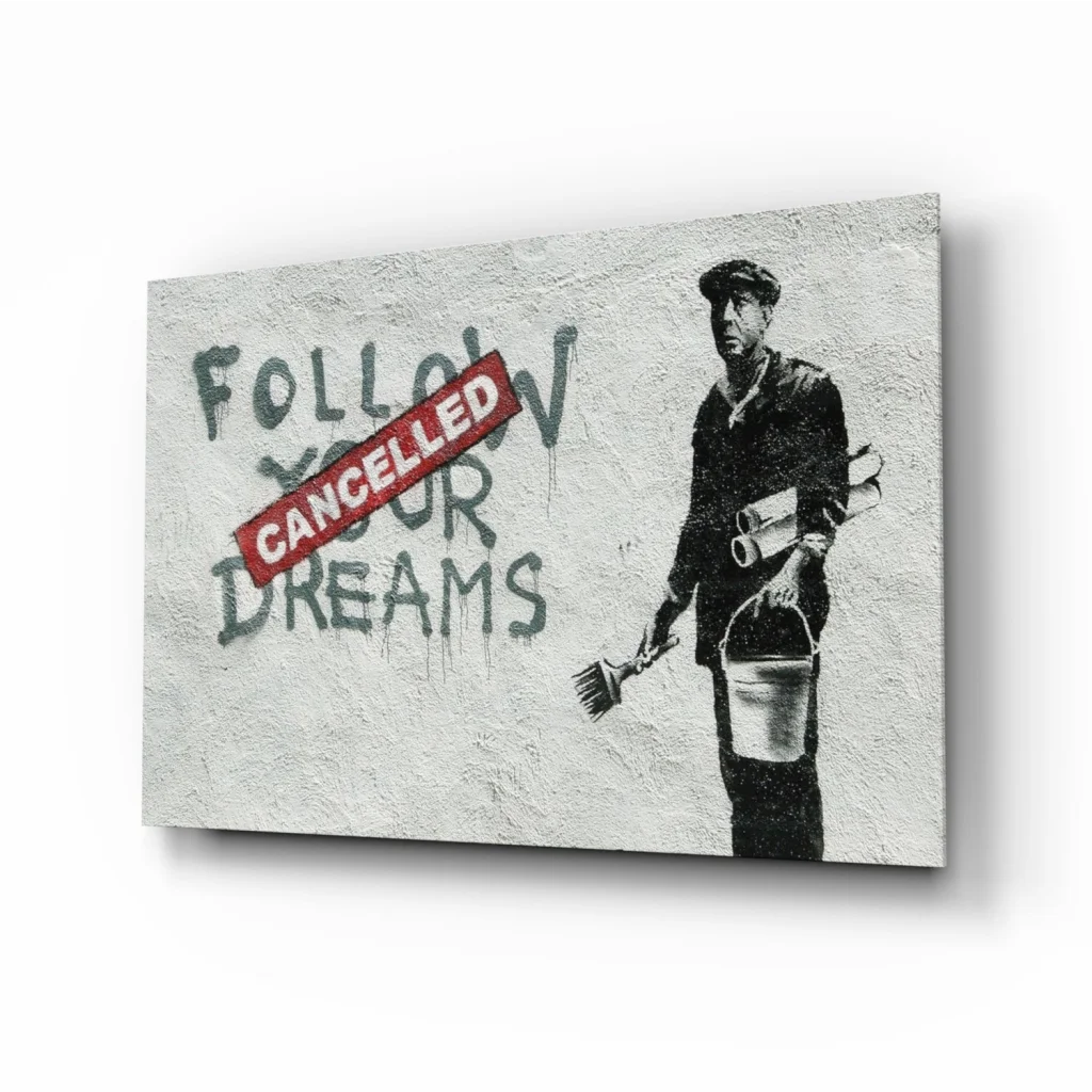 Banksy Dreams Cancelled canvas wall art print with man holding paintbrush