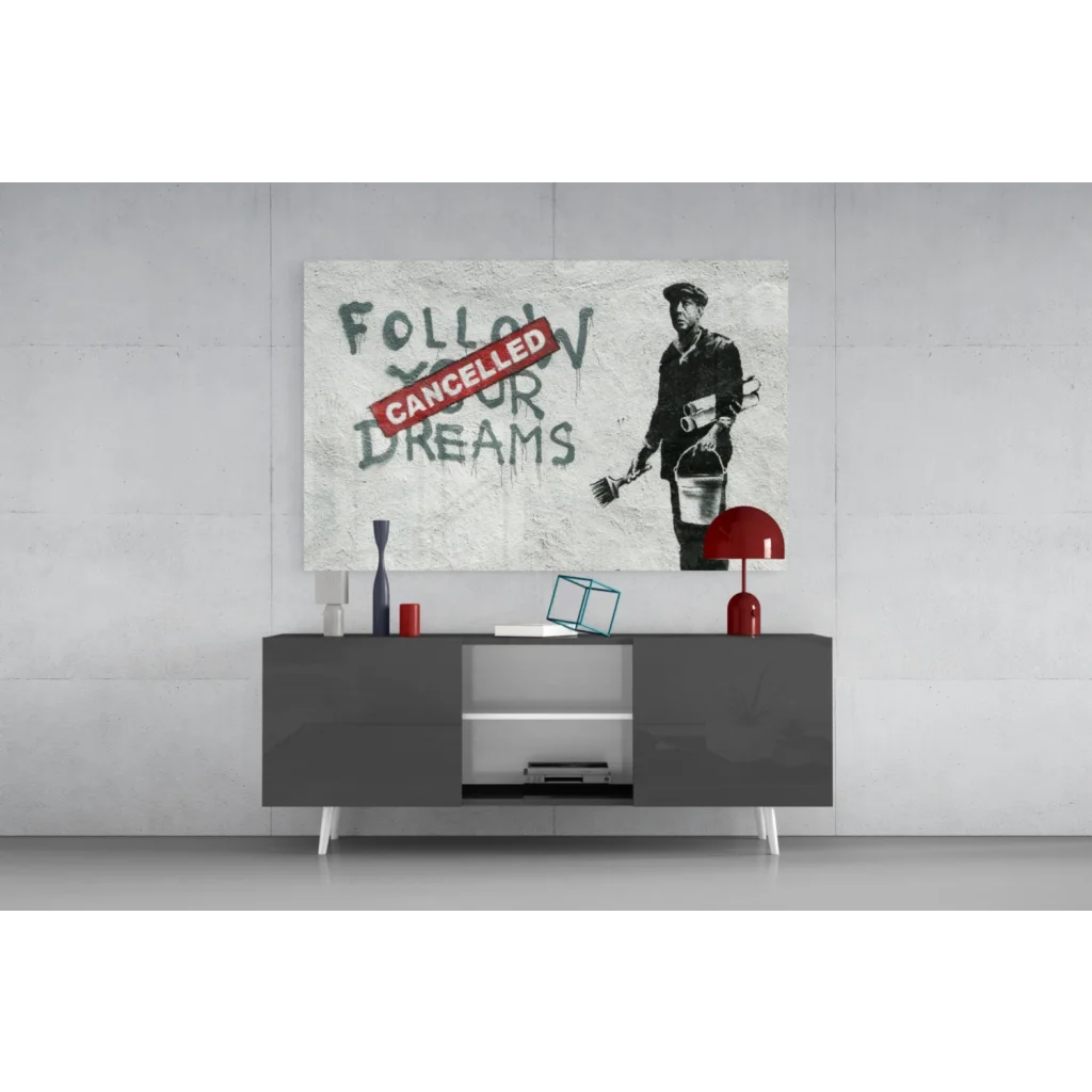 Banksy Dreams Cancelled graffiti canvas wall art print with stamped text