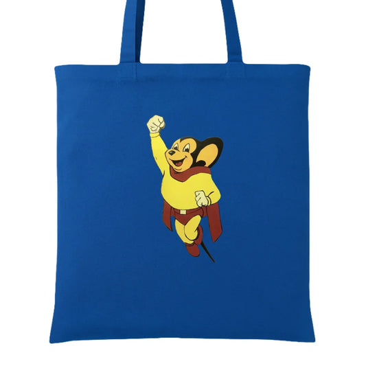 Royal blue tote bag with playful cartoon bear, yellow shirt and red cape