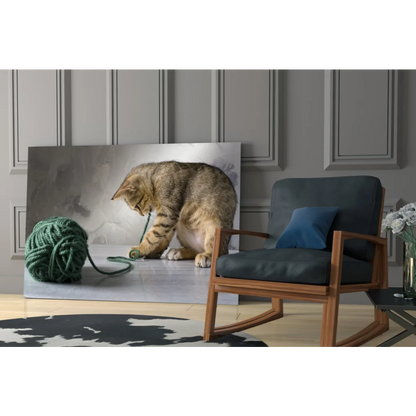 Playful tabby kitten with yarn ball canvas wall art print