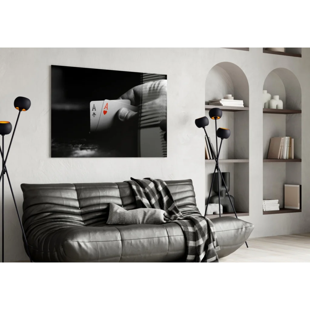 Black and white hand holding ace of spades and hearts wall art canvas print